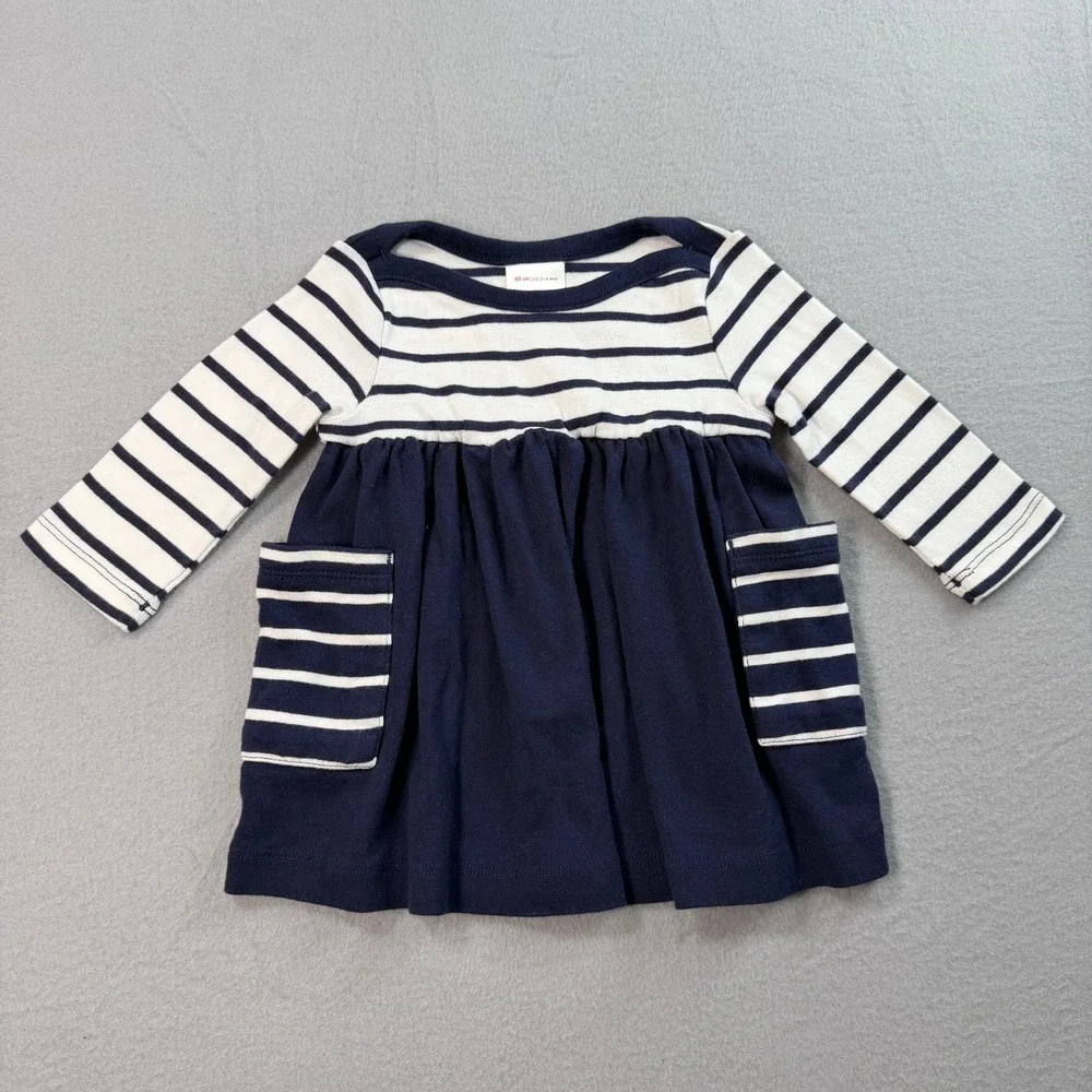 Hanna Andersson Nautical Dress Baby 3-6M Blue Striped Organic Cotton Pockets